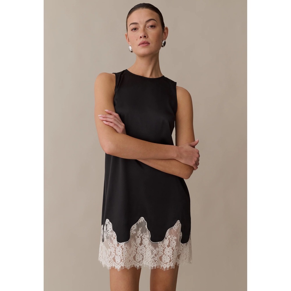Few Moda Kourt Black Satin Lace Trim Hem Mini Shift Dress Size XS